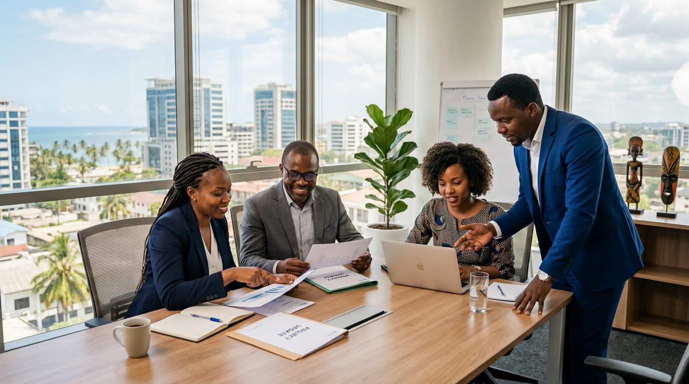 African business leaders collaborating on documents and project updates in a modern office