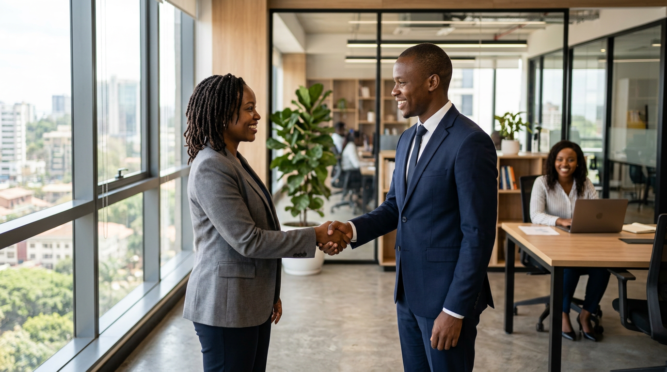 African business partners handshake in office